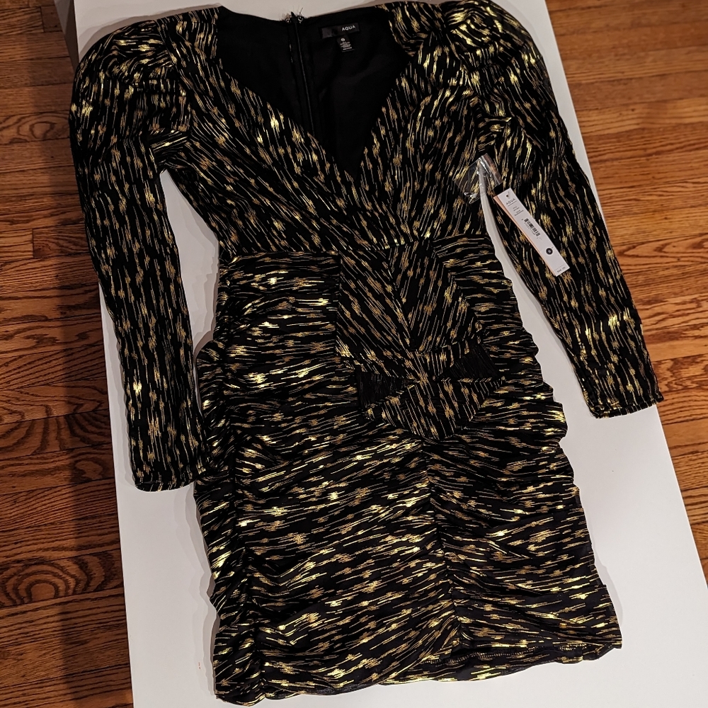 Aqua Metallic Jacquard Puff Sleeve Mini Dress